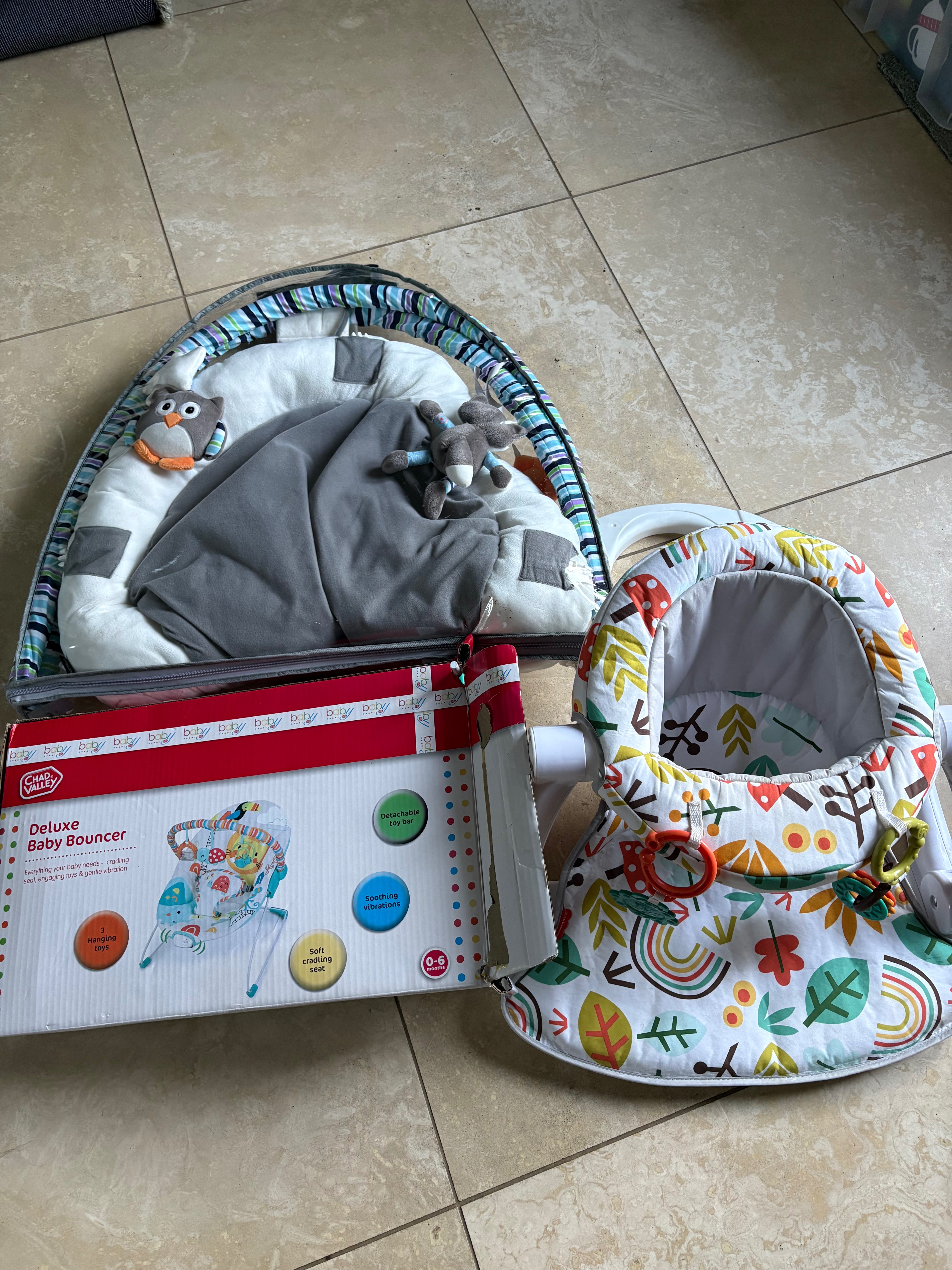 Baby bouncer chair, mat and sit up chair