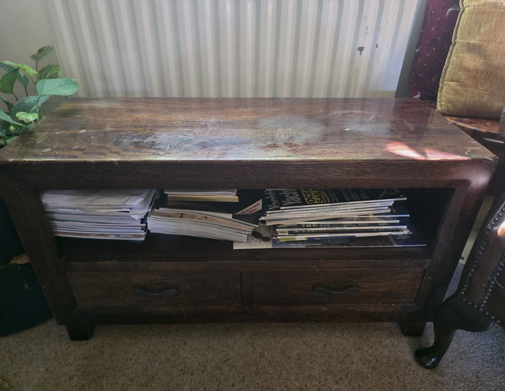 Brown Mango Wood Storage Coffee Table 2 Drawers, Freestandin