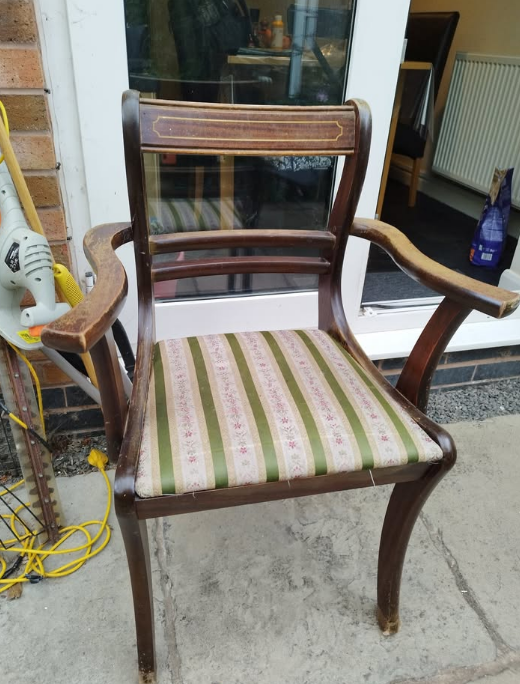Vintage Wooden Armchair with Striped Upholstery – Fair Condi