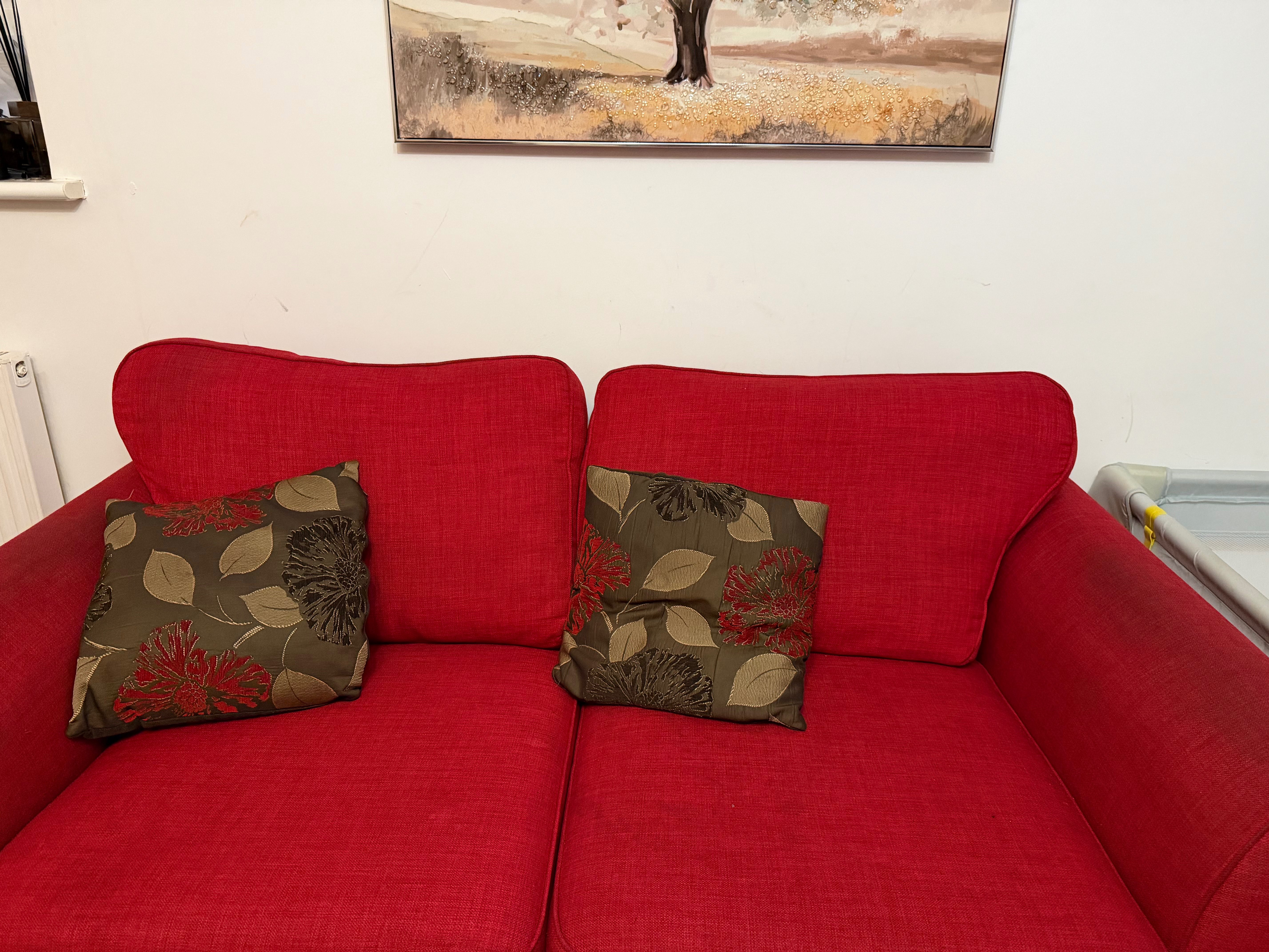 Red two seater sofa x2 + ottoman with storage