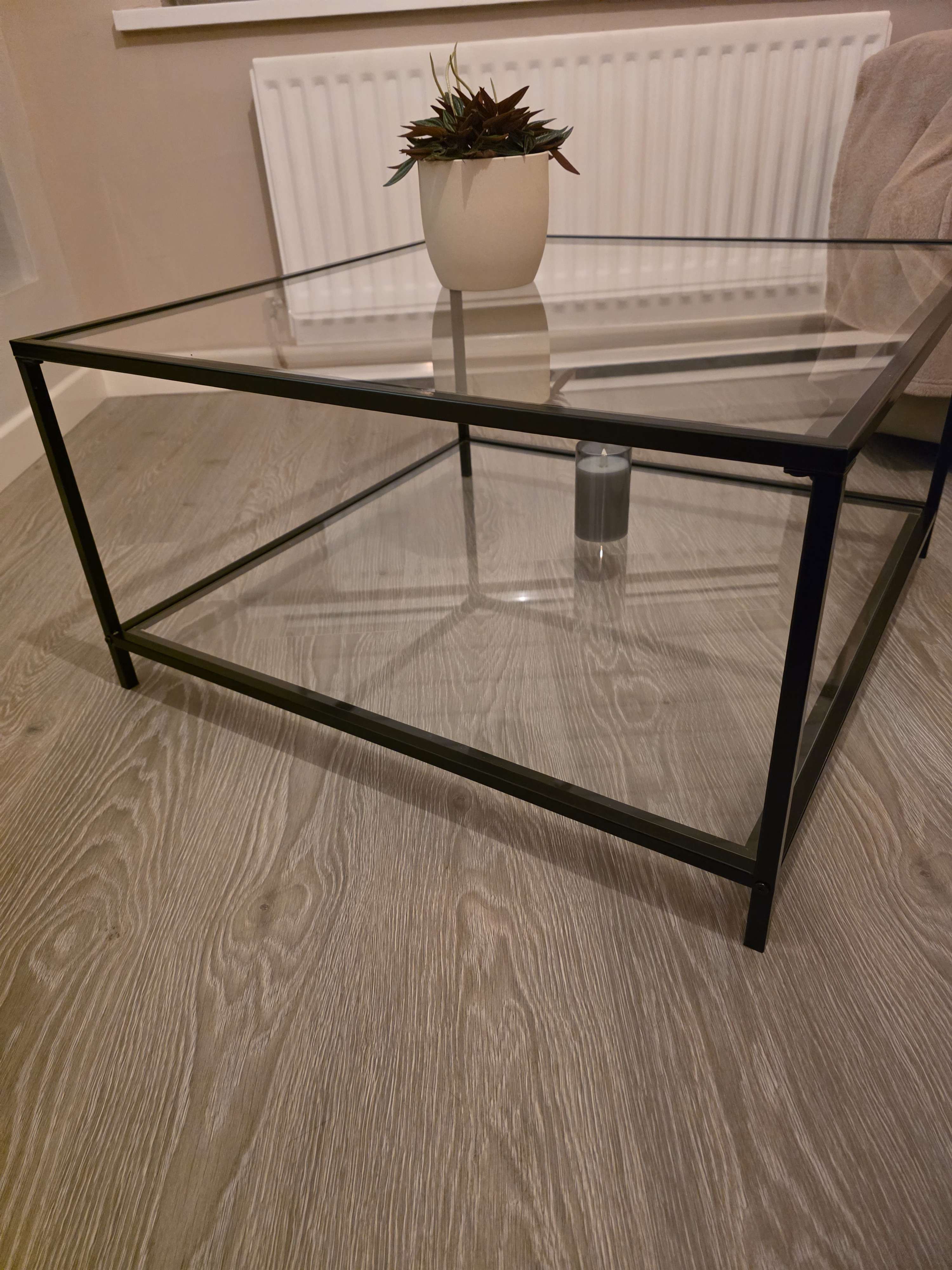 Square metal frame glass coffee table